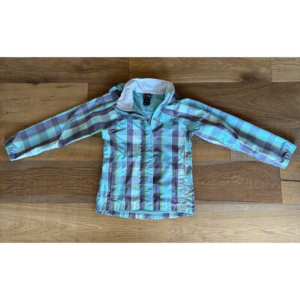 The North Face Girls Resolve Reflective Rain Jacket Blue Green Plaid Sz 10/12